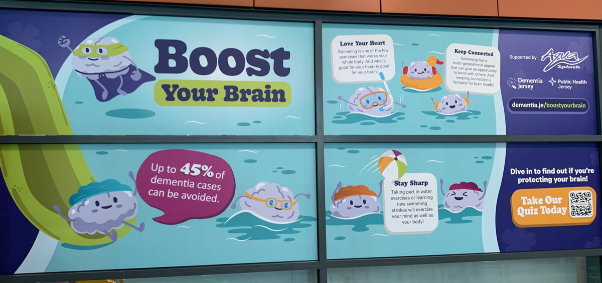 Dementia Jersey Boost your Brain Aquasplash signage